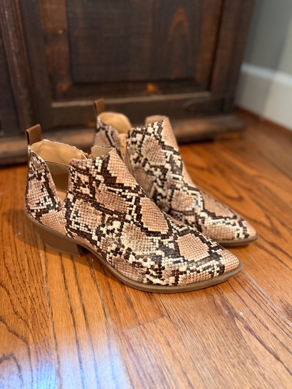 Time and Tru Snake-Print Ankle Booties - Brown/Tan
